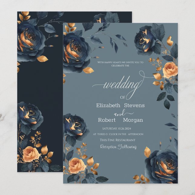 Convite Casamento de Flores Douradas Azul Marinho Elegante (Frente/Verso)