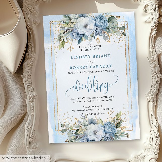 Convite Casamento de Flores Douradas Brancas Azuis do Past (Modern Pastel Blue White Gold Flowers Wedding Invitation )