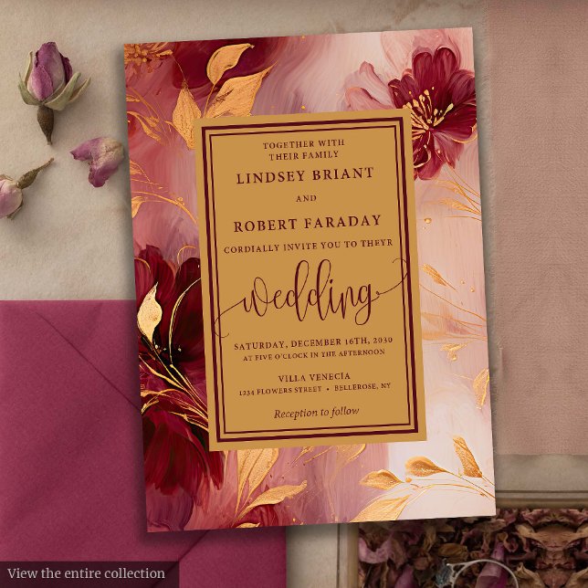 Convite Casamento de Flores Douradas Clássicas Lux Burgund (Classic Lux Burgundy Blush Gold Flowers Wedding Invitation)
