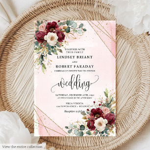 Convite Casamento de Flores Douradas Vermelhas  na moda Bo