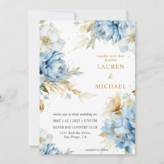 Convite Casamento de Flores Dourado e Azul Branco Personal