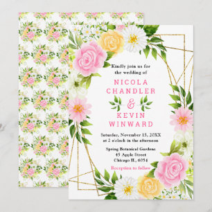 Convite Casamento de Flores e Folhagens Cor-de-Rosa e Amar
