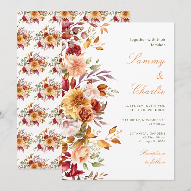 Convite Casamento de Flores e Folhagens do Outono (Frente/Verso)