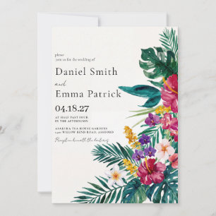 Convite Casamento de Flores e Folhagens Tropicais em Aquar