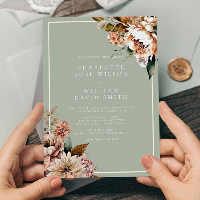 Convite Casamento de Flores Elegantes Douradas e Sage Gree (Criador carregado)