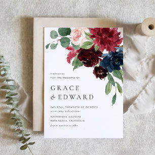 Convite Casamento de Flores em Aquarela Burgundy e Azul Ma