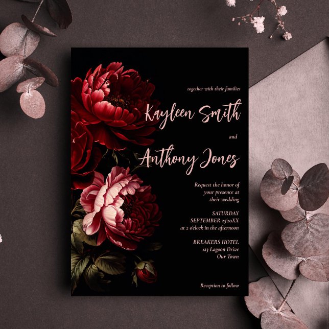 Convite Casamento de flores escuras e escuras (Moody dark vintage red peony roses flowers wedding invitation editable template instant download)