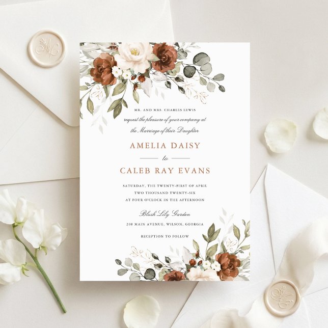 Convite Casamento de Flores Ferrugem Marfim Branco Verde (Criador carregado)