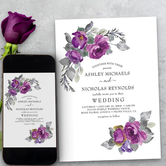 Convite Casamento de Flores Florais Roxas Simples Elegante (Simple purple floral wedding invitation from my Plush Purple Wedding Collection)