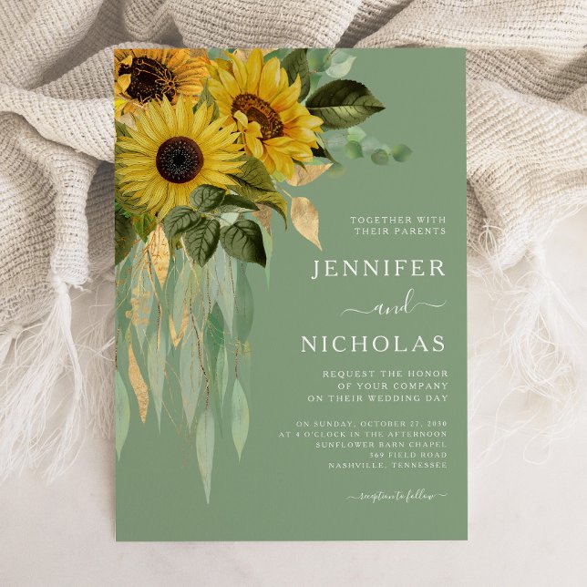 Convite Casamento de Flores Florais Solares Elegante Verde (Elegant Green Floral Sunflowers Wedding Invitation)