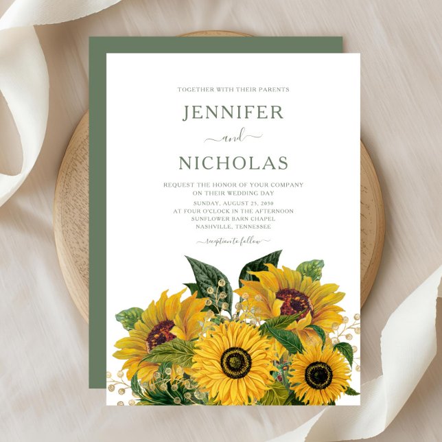 Convite Casamento de Flores Florais Solares Elegante Verde (Elegant Green Floral Sunflowers Wedding Invitation)