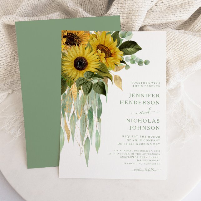 Convite Casamento de Flores Florais Solares Elegante Verde (Elegant Green Floral Sunflowers Wedding Invitation)