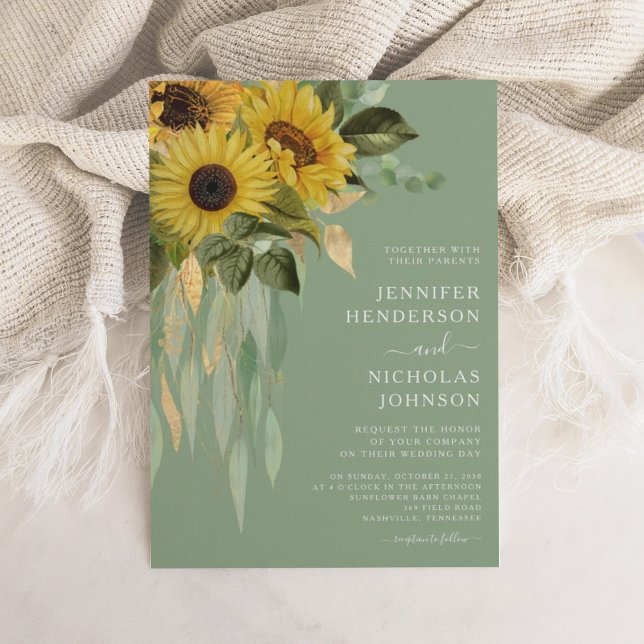 Convite Casamento de Flores Florais Solares Elegante Verde (Elegant Green Floral Sunflowers Wedding Invitation)