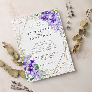 Convite Casamento de Flores Geométricas Douradas Roxas Ele