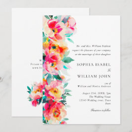 Convite Casamento de Flores Laranja Rosa Brilhante Aquarel