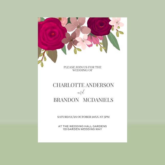 Convite Casamento de Flores Modernas do Jardim Borgonha (Criador carregado)