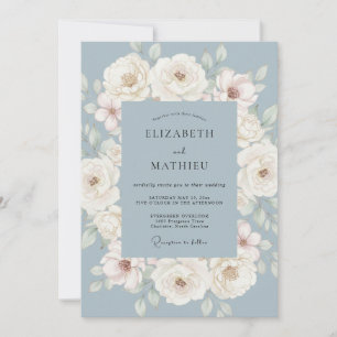 Convite Casamento de Flores Painterly Azul Empoeirado