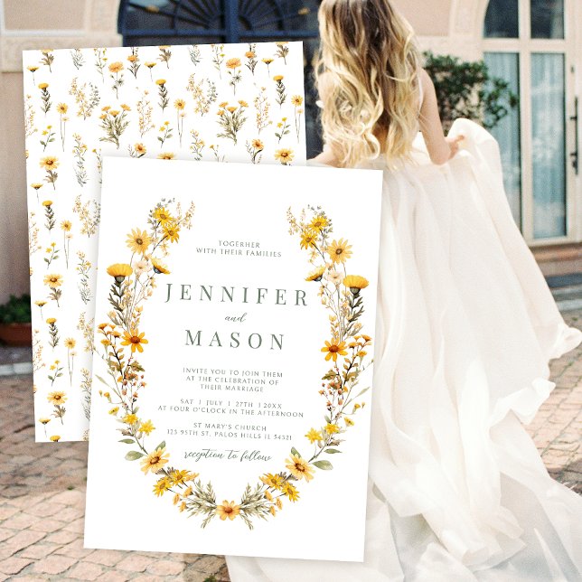 Convite Casamento de flores pequenas amarelas flores silve (Criador carregado)