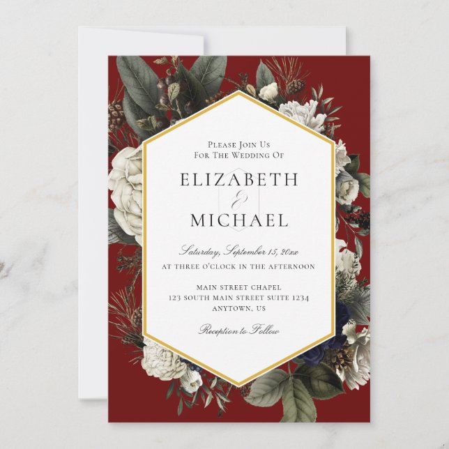 Convite Casamento de Flores Pintadas com Buquê de inverno (Frente)