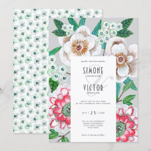 Convite Casamento de flores pintadas modernas cinza rosa f