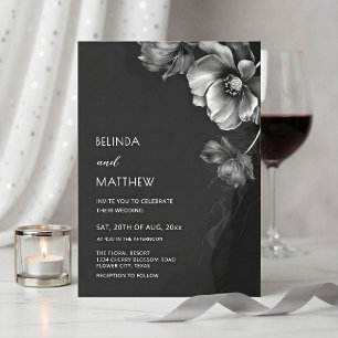 Convite Casamento de Flores Prateadas Pretas e Brancas