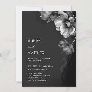 Convite Casamento de Flores Prateadas Pretas e Brancas 