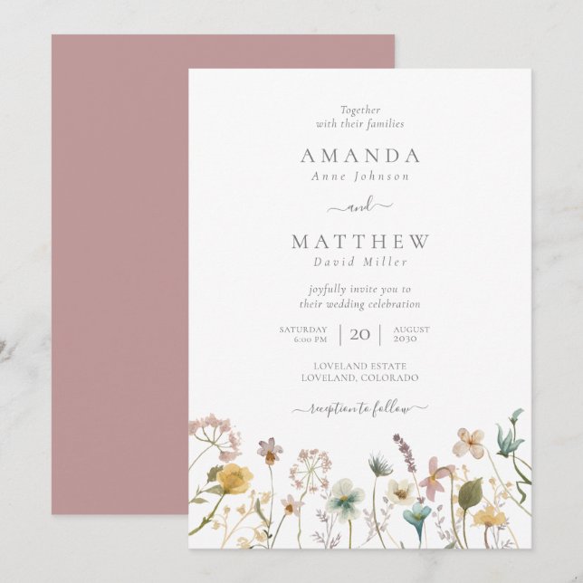 Convite Casamento de Flores Prensadas em Aquarela Mauve De (Frente/Verso)