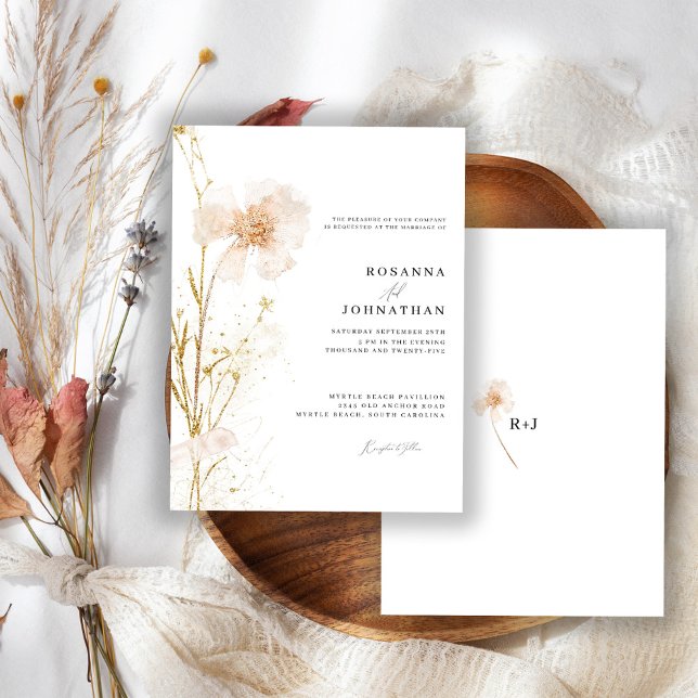 Convite Casamento de Flores Prensadas Românticas Douradas  (Criador carregado)