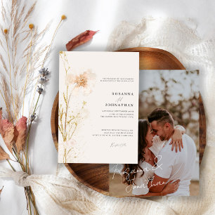 Convite Casamento de Flores Prensadas Românticas Douradas 
