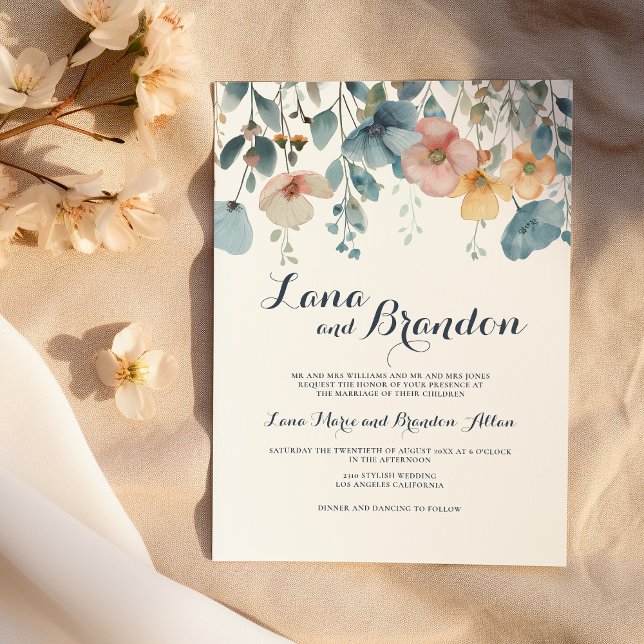 Convite Casamento de flores primavera azuis cor-de-rosa-d- (Watercolor pink blue spring wildflowers wedding)