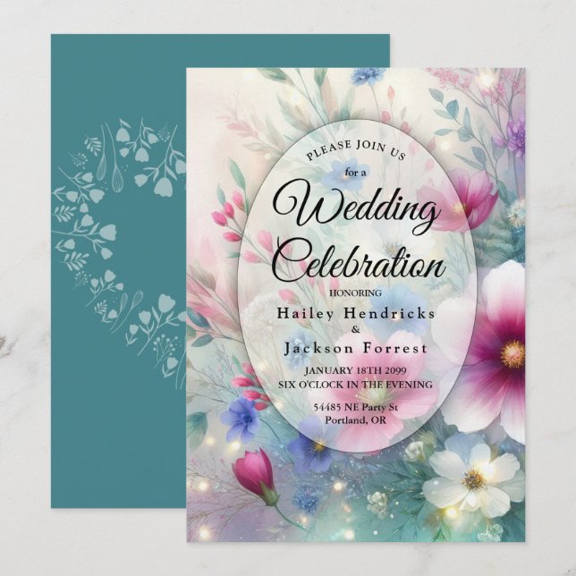 Convite Casamento de Flores Radiantes e Brilhantes de Prim (Frente/Verso)