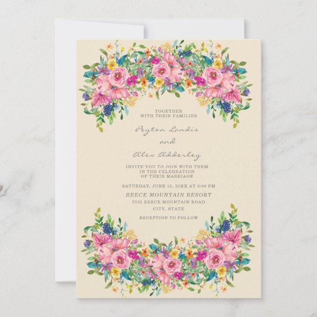 Convite Casamento de Flores Rosa Azul Amarelo Boho (Frente)
