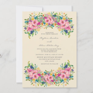 Convite Casamento de Flores Rosa Azul Amarelo Boho