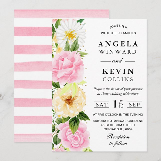 Convite Casamento de Flores Rosa e Amarelo Aquarela (Frente/Verso)