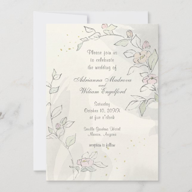 Convite Casamento de Flores Rosa Pintadas com Esquema Lápi (Frente)