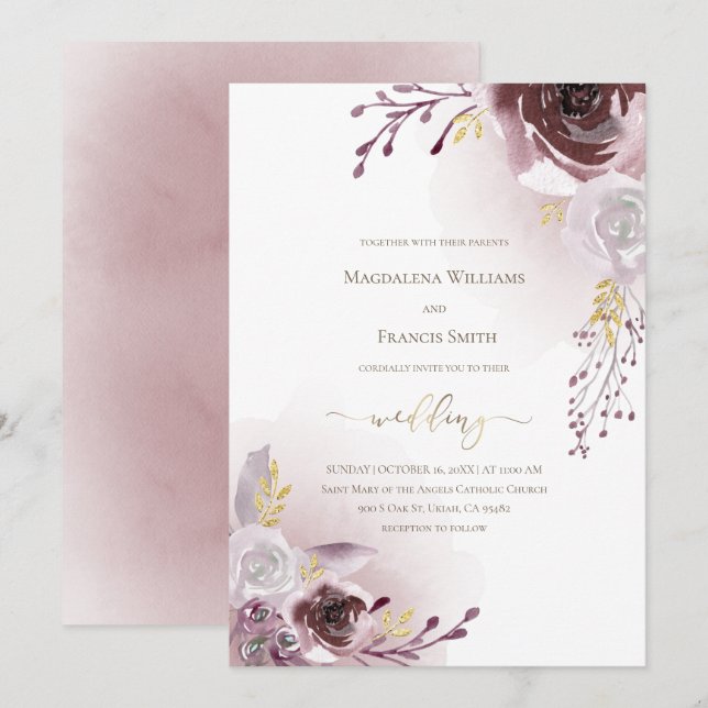 Convite casamento de flores rosas vermelhas escuras (Frente/Verso)