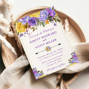 Convite Casamento de Flores Roxas e Amarelas em Aquarela