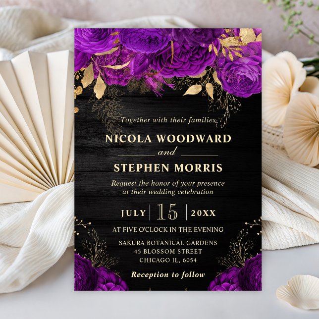 Convite Casamento de Flores Roxas e Douradas em Aquarela R (Criador carregado)