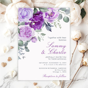 Convite Casamento de Flores Roxas e Folhas de Eucalipto