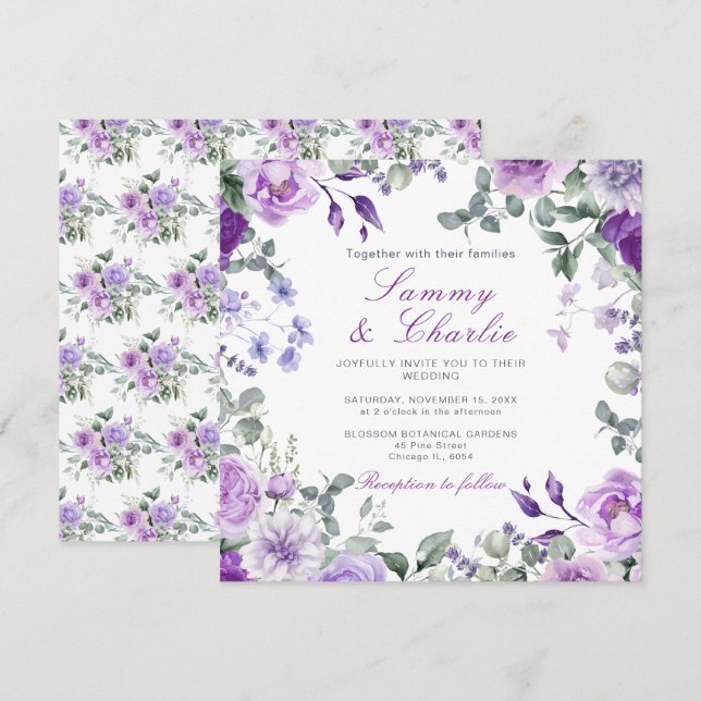 Convite Casamento de Flores Roxas e Folhas de Eucalipto (Frente/Verso)