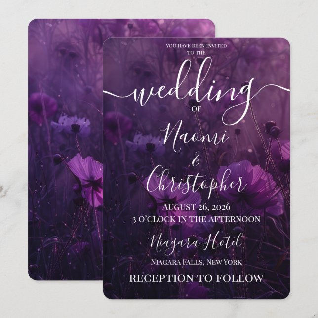 Convite Casamento de Flores Roxas Escuras Personalizadas (Frente/Verso)