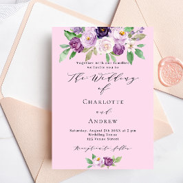 Convite Casamento de flores roxas rosa com folhagens em sc