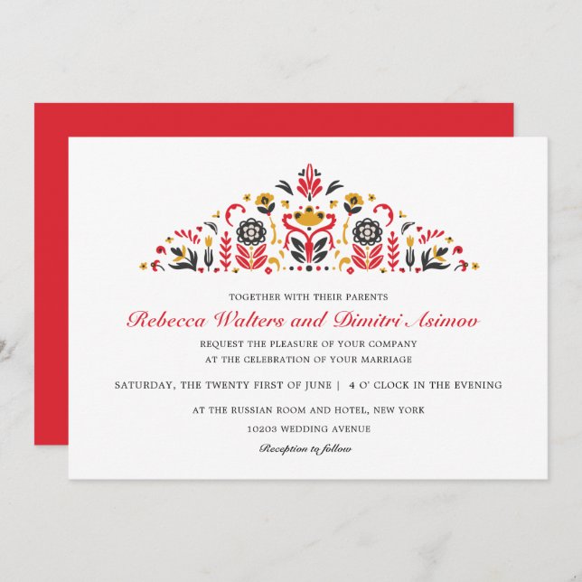 Convite Casamento de Flores Russo Art Khokhloma (Frente/Verso)