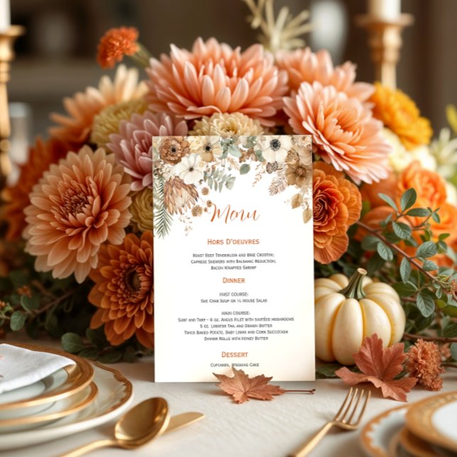 Convite Casamento de Flores Secas de Outono Boho | Menu (Criador carregado)