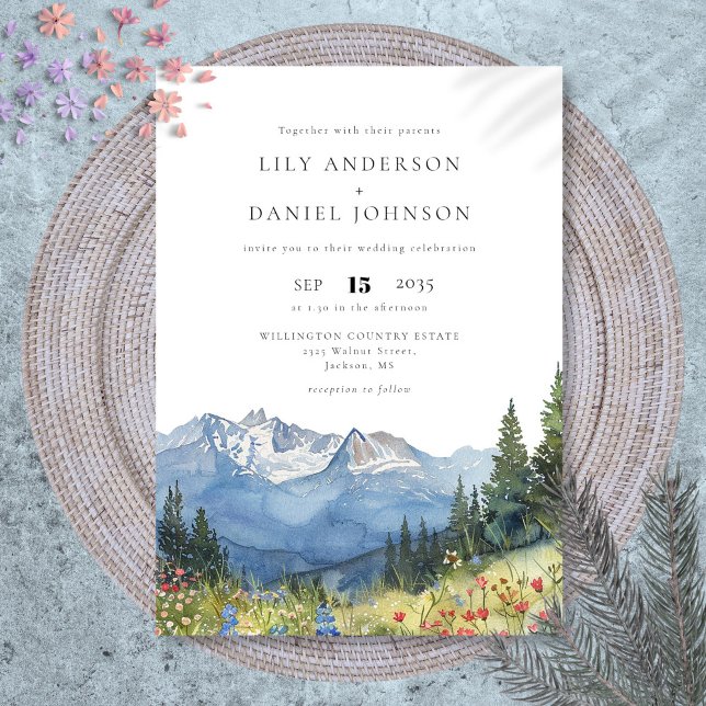 Convite Casamento de Flores Selvagem Moderna das Montanhas (Modern Watercolor Mountain Wildflower Wedding Invitation)