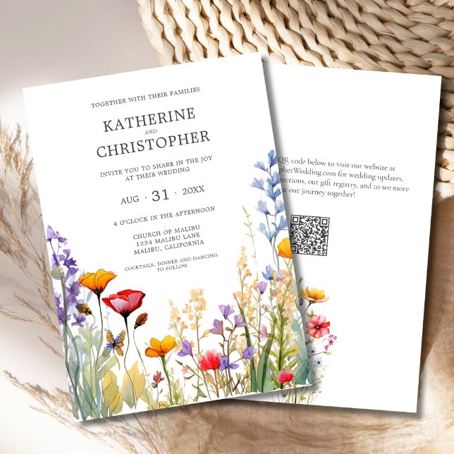 Convite Casamento de flores selvagens coloridas elegantes (Elegant Colorful Wildflowers Wedding Invitation with QR Code, Orange, Red, Purple Flowers.)