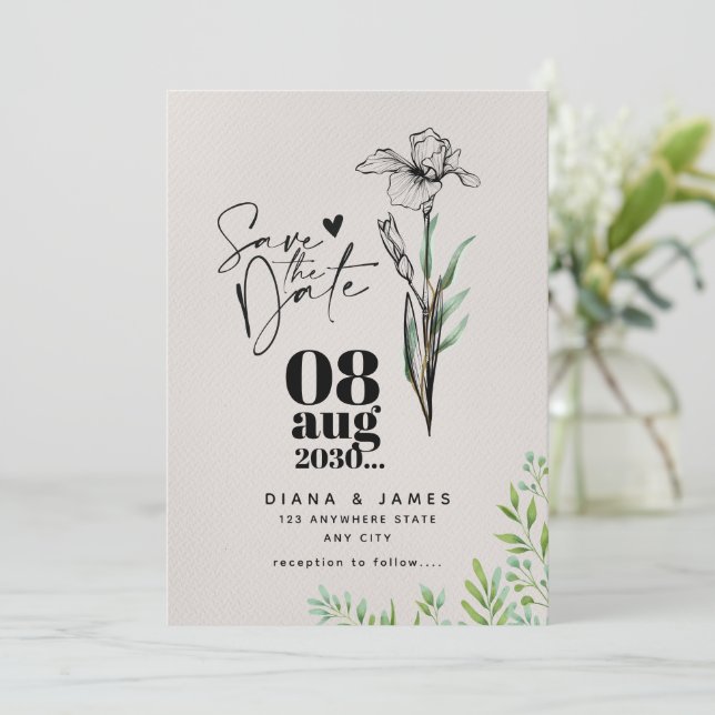 Convite Casamento de Flores Selvagens com Data de Salvamen (Em pé/Frente)