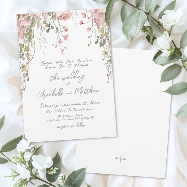 Convite Casamento de Flores Selvagens, Cor de Água, Rosa-R (Blush Pink Botanical Watercolor Wildflower Wedding Invitation)