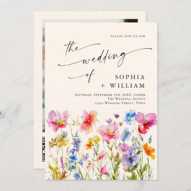 Convite Casamento de Flores Selvagens de Aquarela Festiva (Frente/Verso)