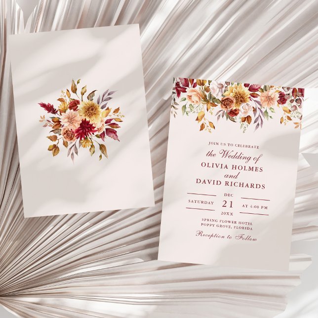 Convite Casamento de Flores Selvagens de Laranja Queimado  (Modern Burnt Orange Terracotta Wildflowers Wedding Invitation on a sunny white dry palm leaf.)